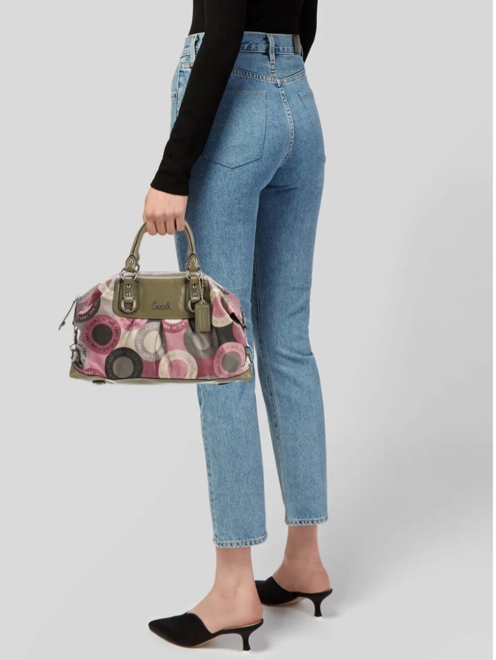 Coach Ashley Snaphead Satchel W/Pink & Olive Circle-Print Satin & Patent Trim